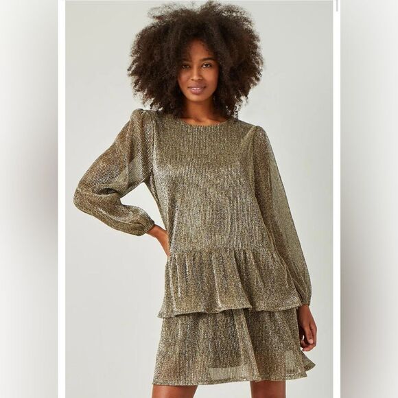 Hayden Girls Gold Foiled Pleated Puff Sleeve Tiered Dress NWT Sz L - Picture 1 of 10